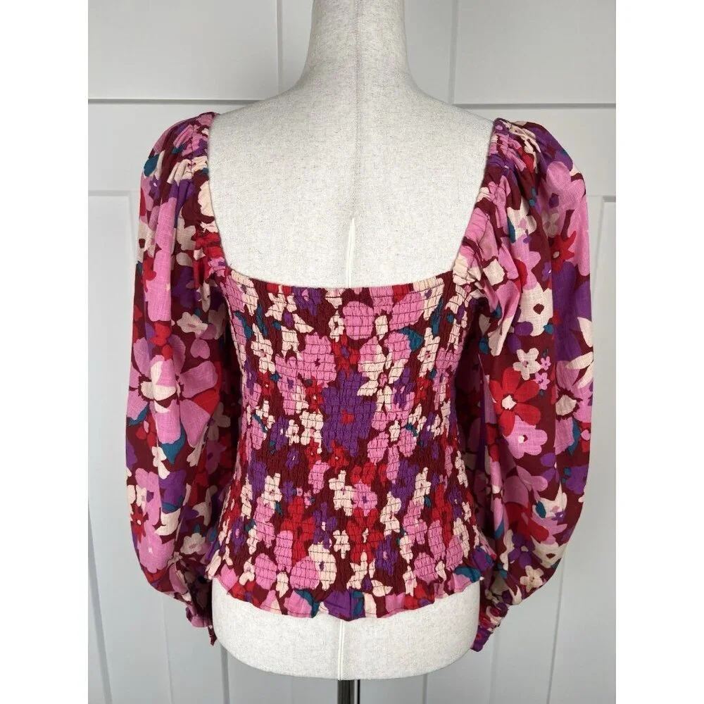 Free People Ariana Smocked Floral Top M Pink Red Balloon Sleeve Cottagecore